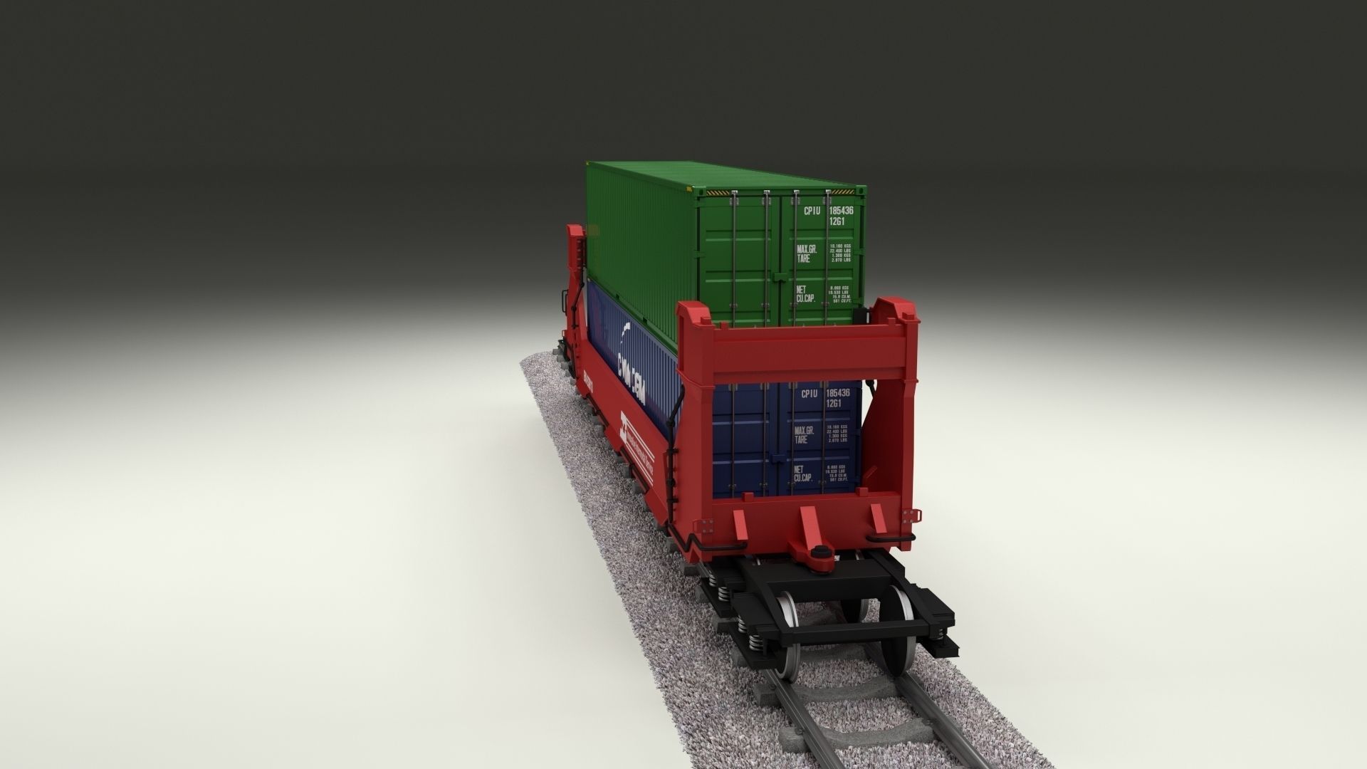 Red Train Well Car w Containers 3D model_2