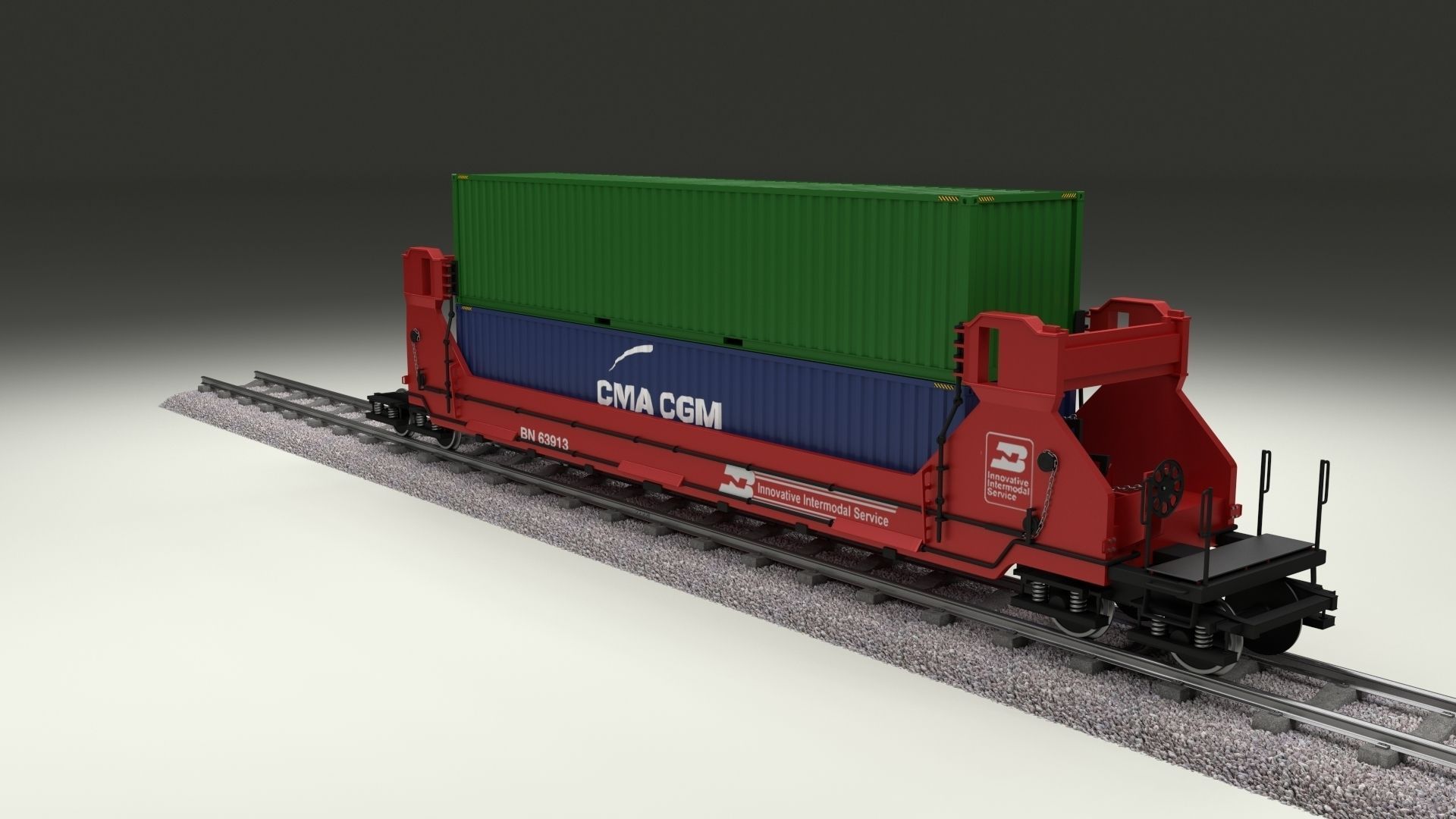 Red Train Well Car w Containers 3D model_3