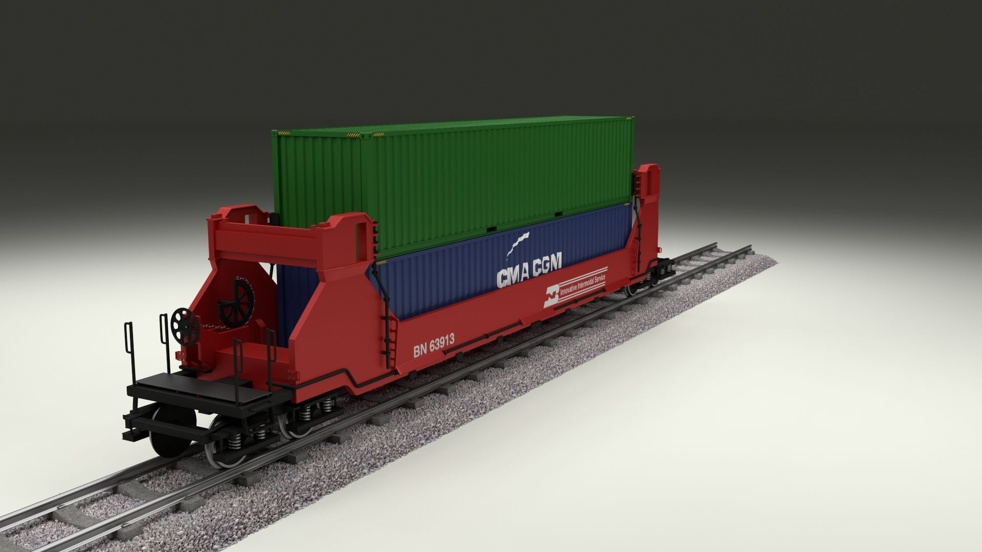 Red Train Well Car w Containers 3D model_5