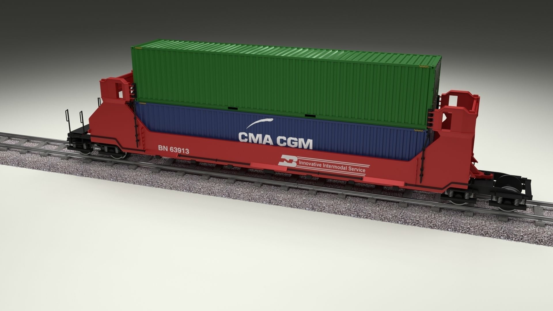 Red Train Well Car w Containers 3D model_23