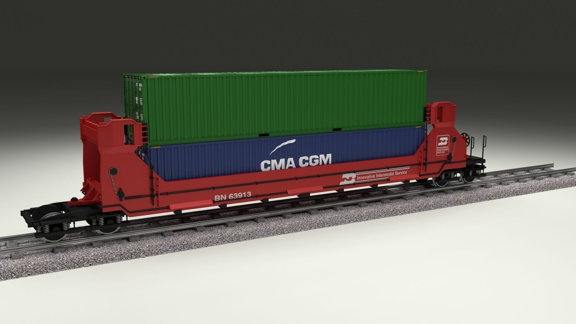 Red Train Well Car w Containers 3D model_7