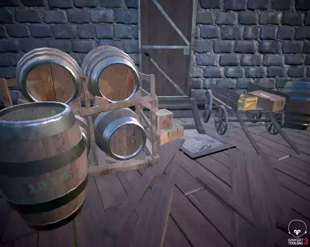 Medieval Barrels and boxes scene Free low-poly 3D model