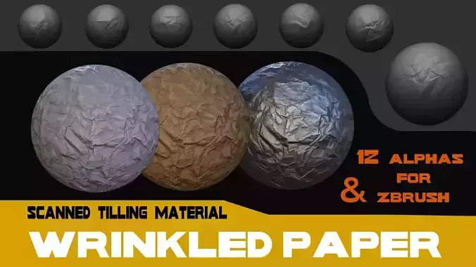 Wrinkled paper tilling material and 12 Alphas for Zbrush  Texture