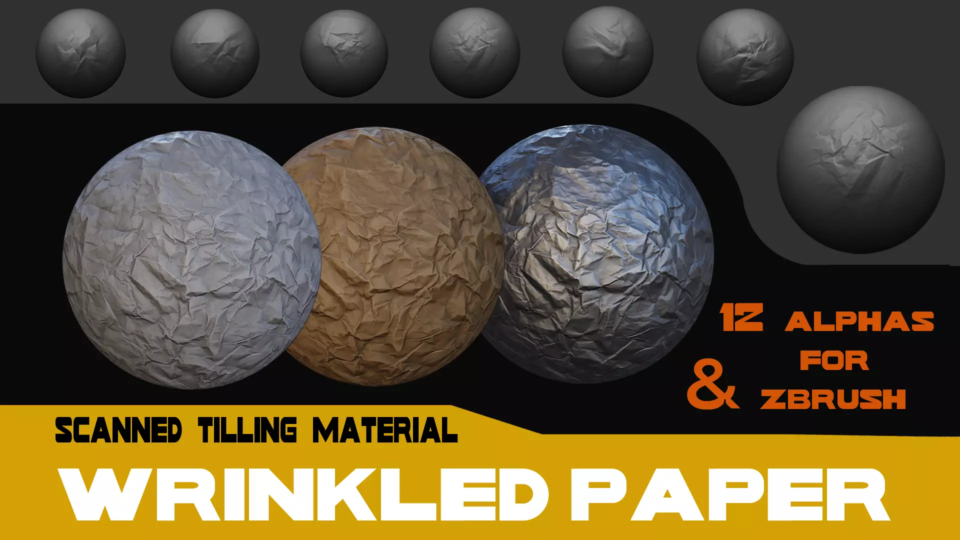 Wrinkled paper tilling material and 12 Alphas for Zbrush Texture