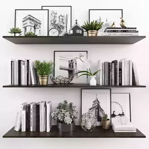 Decorative set living room with bookshelves and plants Low-poly 3D model