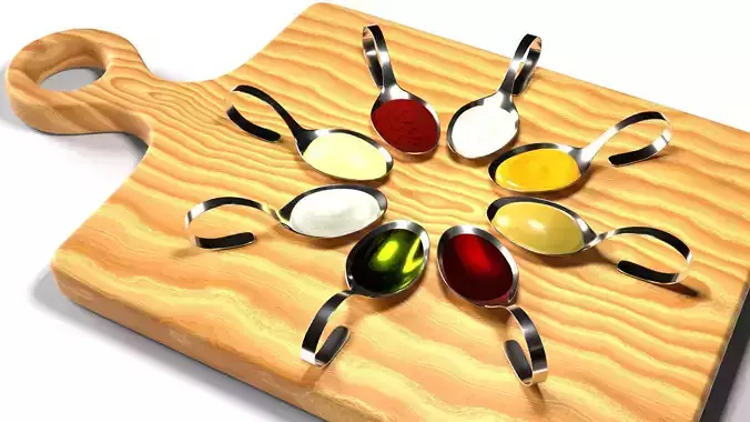 Appetizer sauce spoons and chopping board 3D model