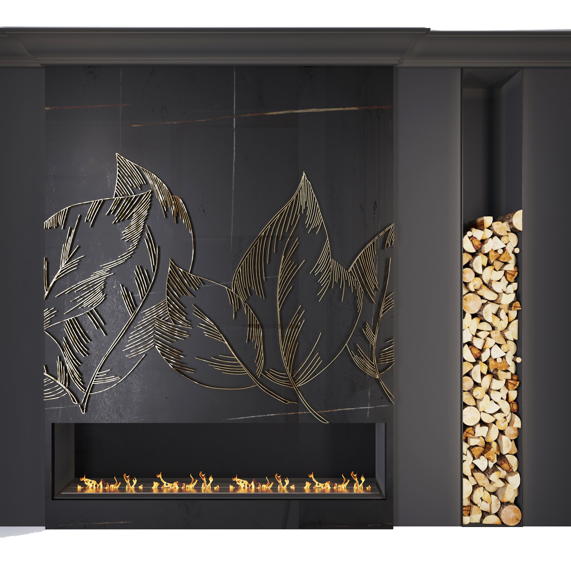 Decorative fireplace with metal panels leaves Low-poly 3D model_0