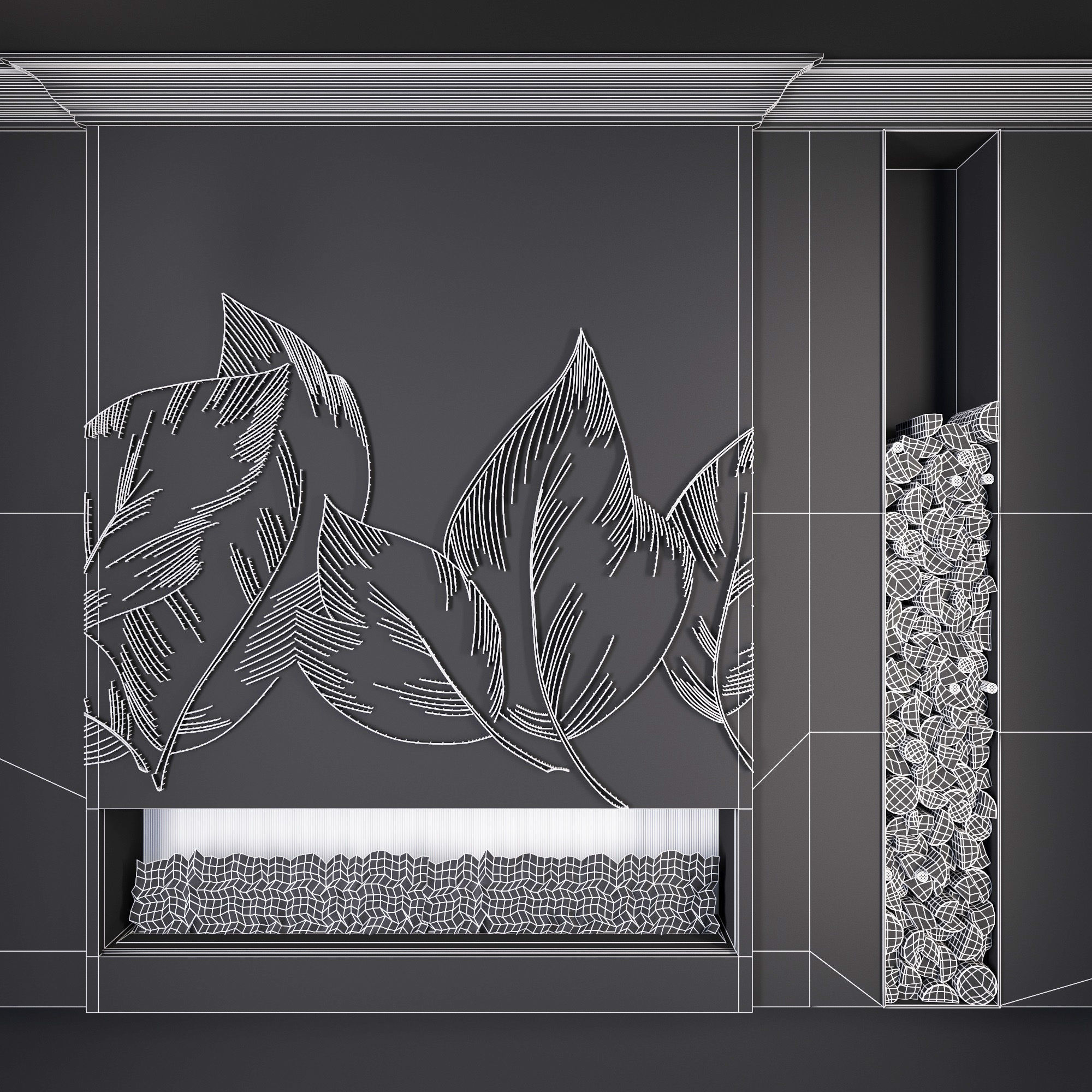 Decorative fireplace with metal panels leaves Low-poly 3D model_4