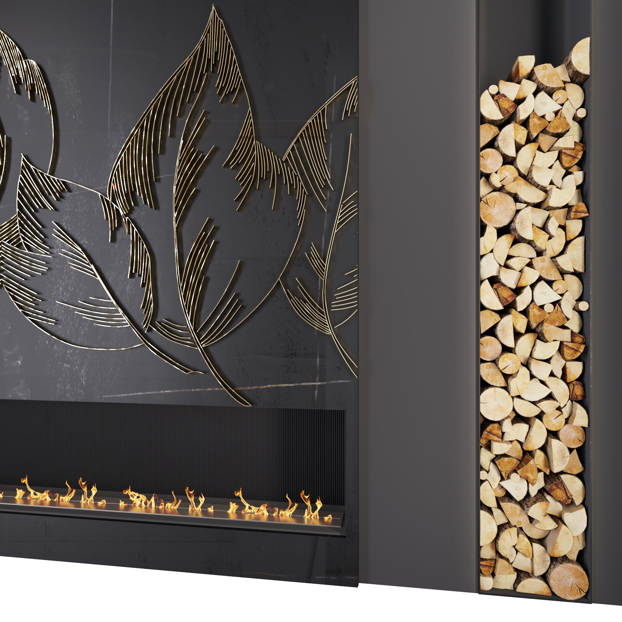 Decorative fireplace with metal panels leaves Low-poly 3D model_1