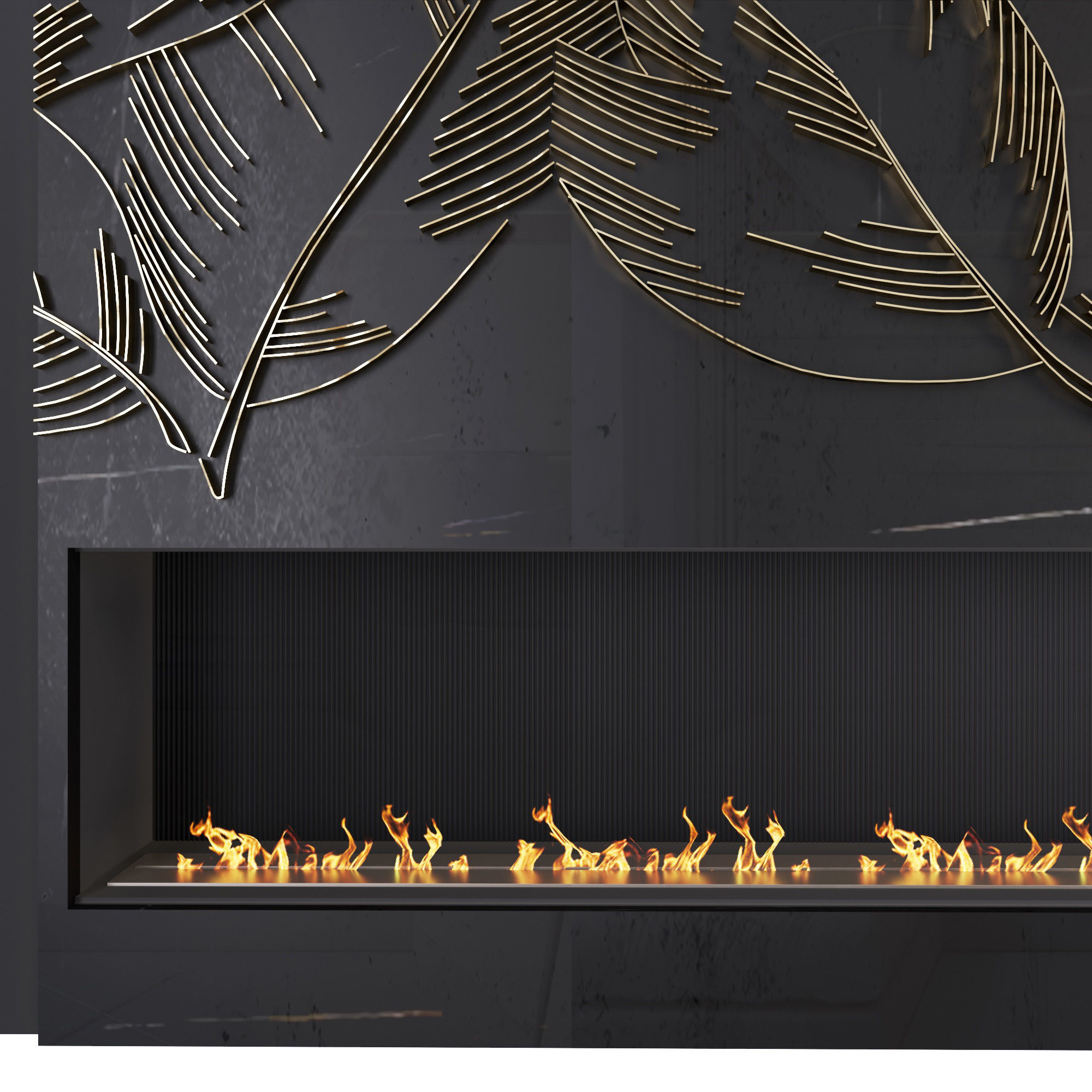 Decorative fireplace with metal panels leaves Low-poly 3D model_2