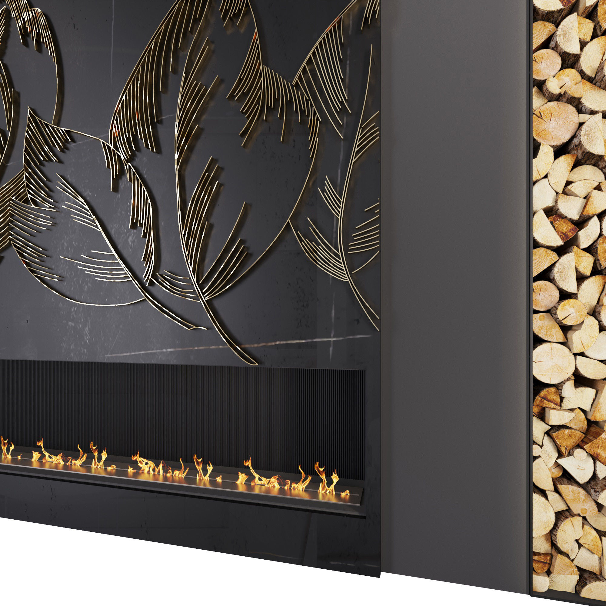 Decorative fireplace with metal panels leaves Low-poly 3D model_3