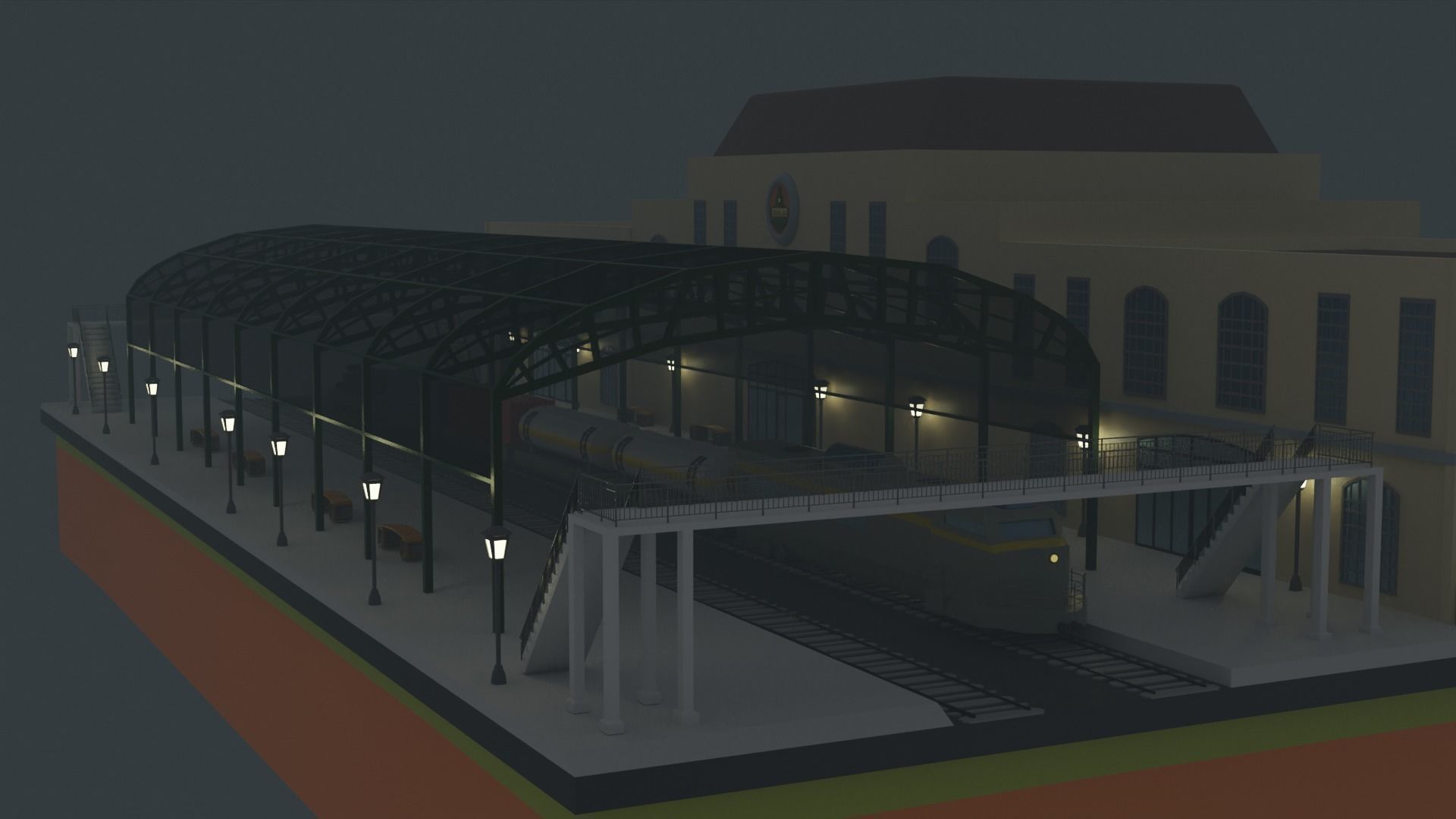 Low poly Railway Train Station Low-poly 3D model_9