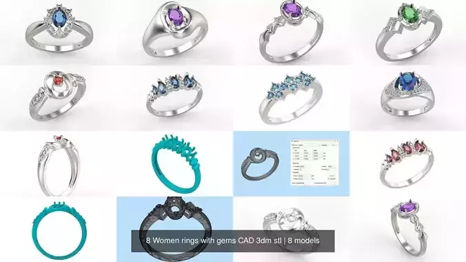 8 Women rings with gems CAD 3dm stl 3D Model Collection