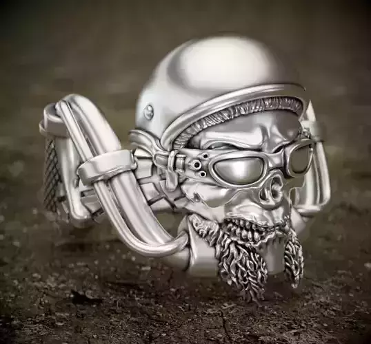 Biker-ring2 silver ring with skull and goggles 3D print model