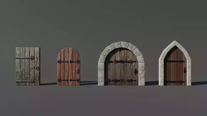 4 Medieval Doors Set Low-poly 3D model
