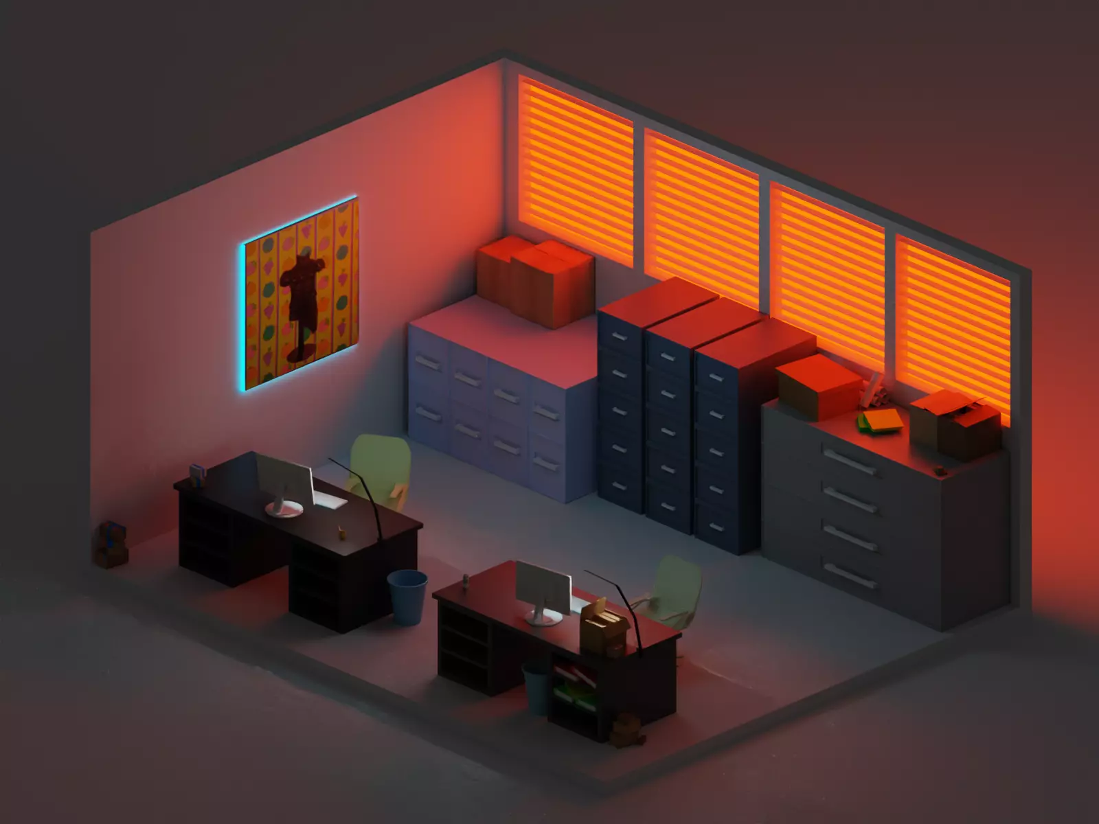 Common office Low-poly 3D model