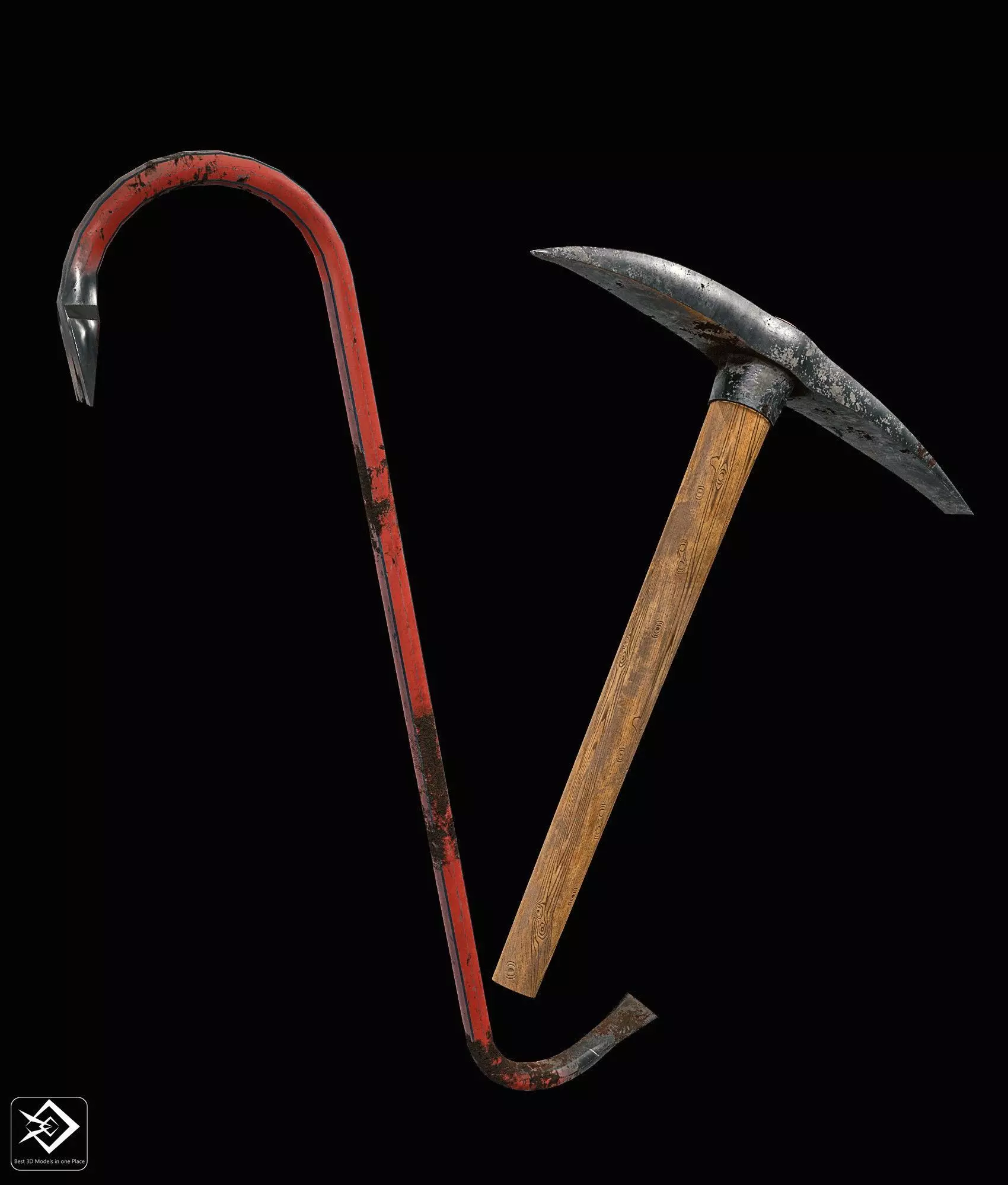 Crowbar and Old Pickaxe Low-poly 3D model_0
