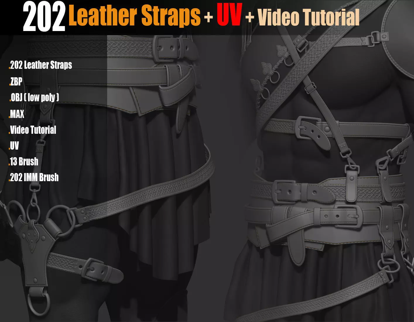 202 IMM Brush Leather Straps Vol 02 and UV and Video Tutorial Low-poly 3D model_0