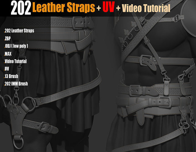 202 IMM Brush Leather Straps Vol 02 and UV and Video Tutorial Low-poly 3D model