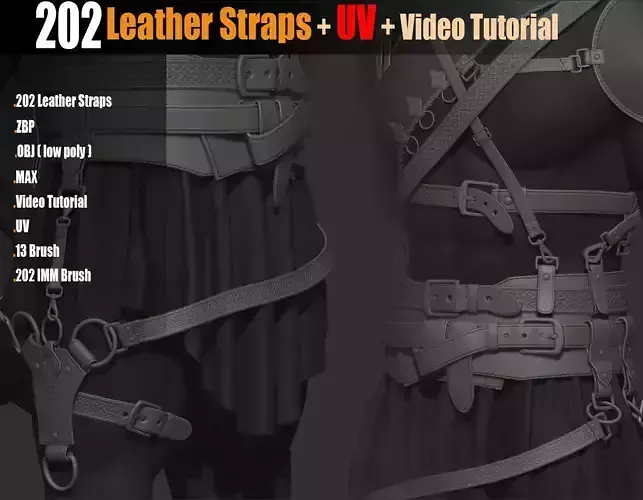 202 IMM Brush Leather Straps Vol 02 and UV and Video Tutorial Low-poly 3D model