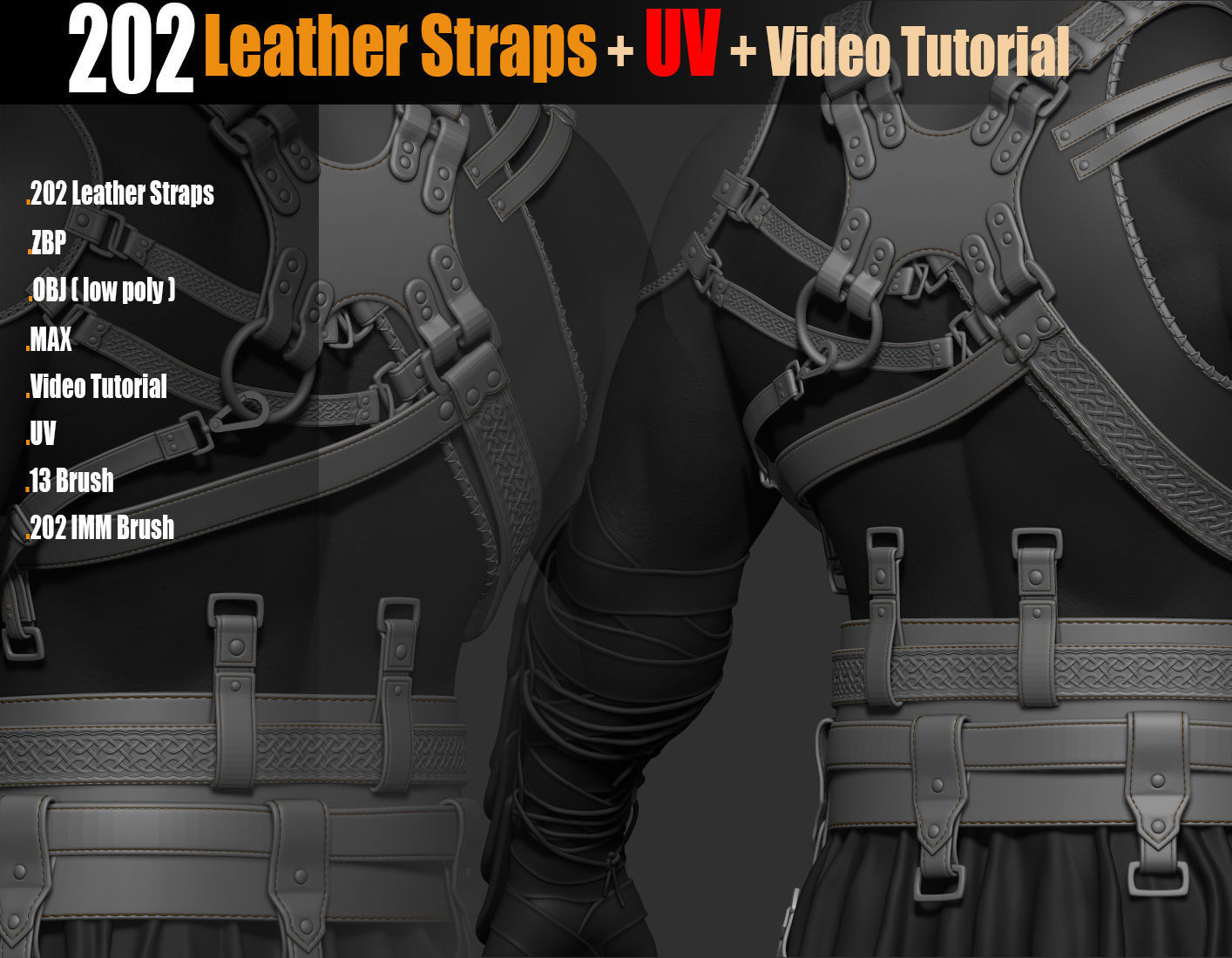 202 IMM Brush Leather Straps Vol 02 and UV and Video Tutorial Low-poly 3D model_1