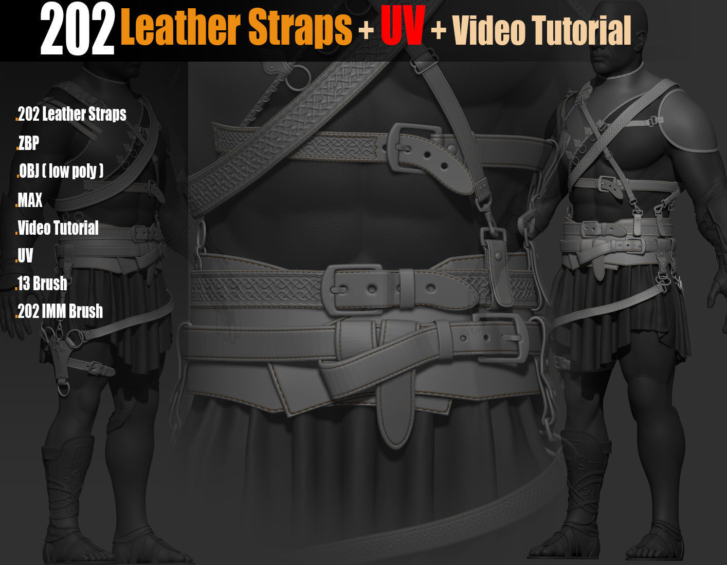 202 IMM Brush Leather Straps Vol 02 and UV and Video Tutorial Low-poly 3D model_2