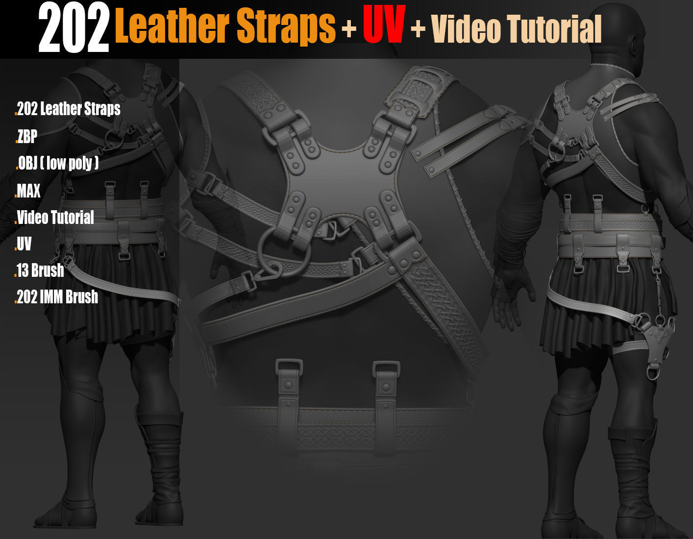 202 IMM Brush Leather Straps Vol 02 and UV and Video Tutorial Low-poly 3D model_3