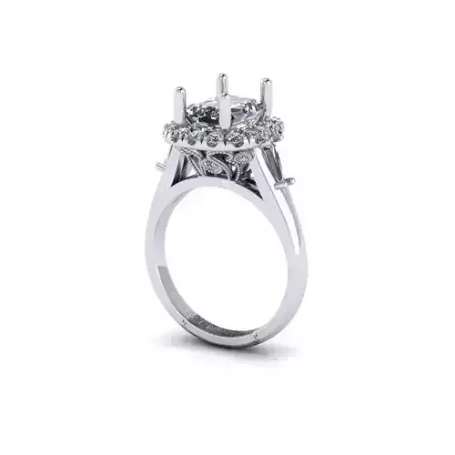 Emerald Cut Diamond Engagement Ring With Halo and Baguettes