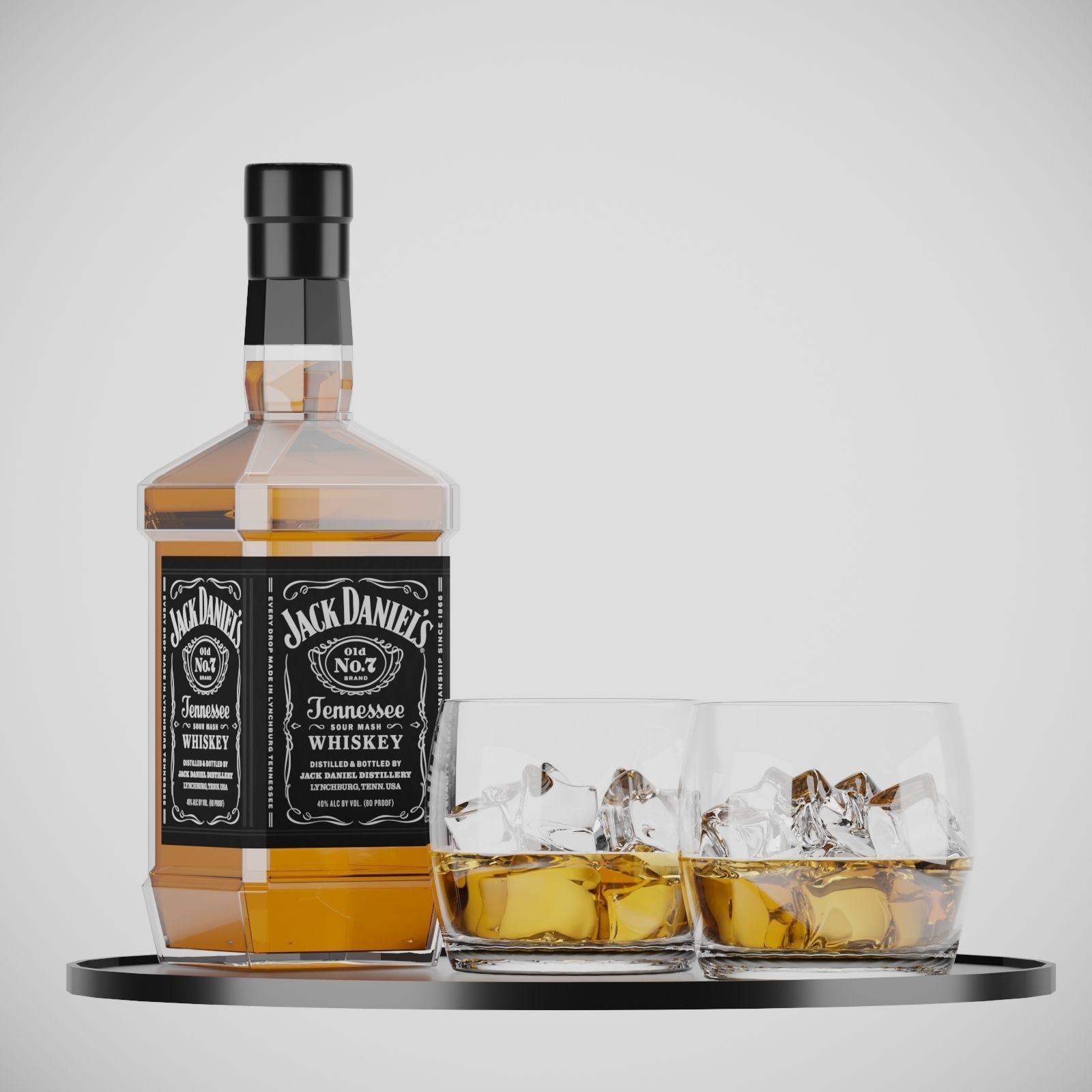 Whiskey Set bottle of and two glasses on tray 3D model_3