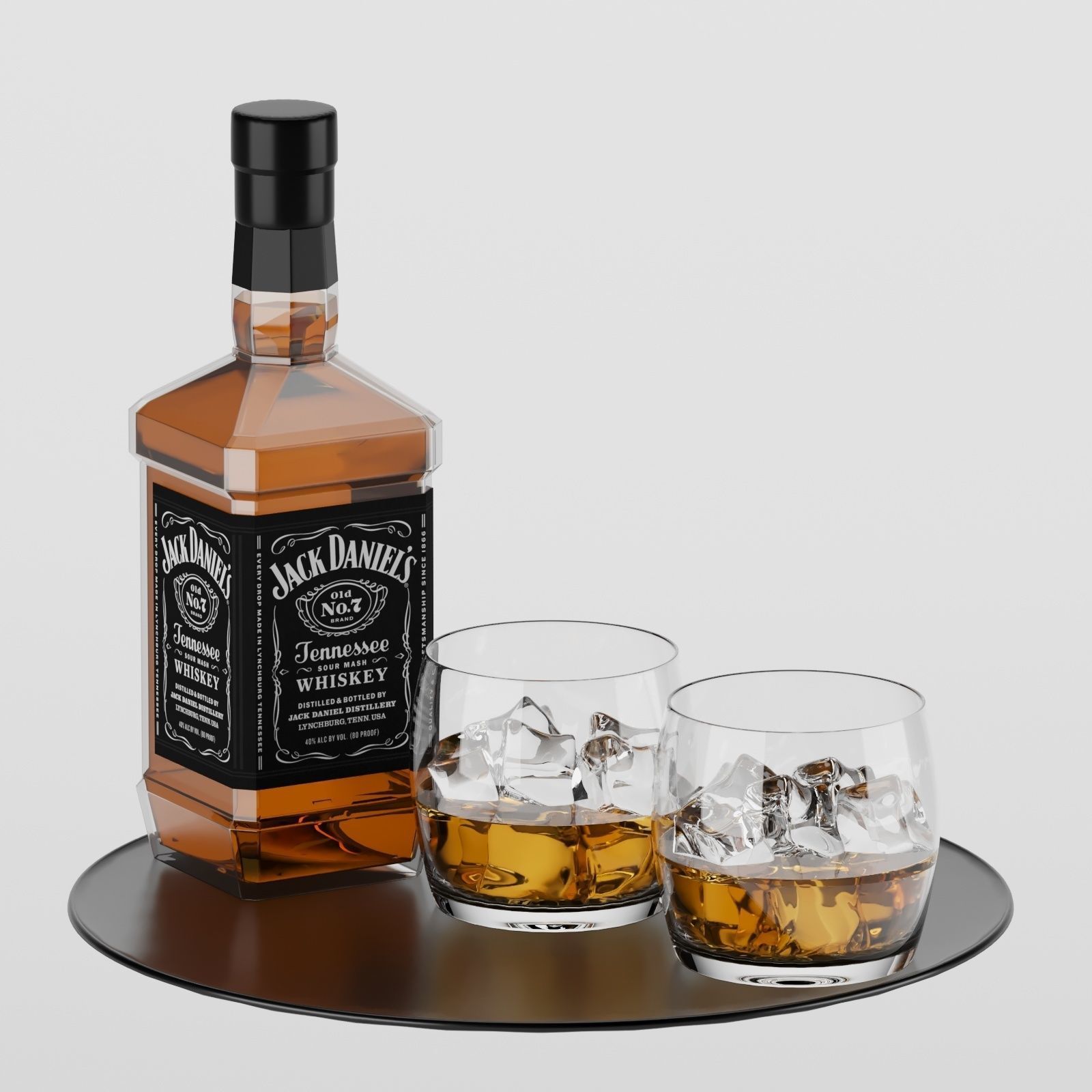 Whiskey Set bottle of and two glasses on tray 3D model_1