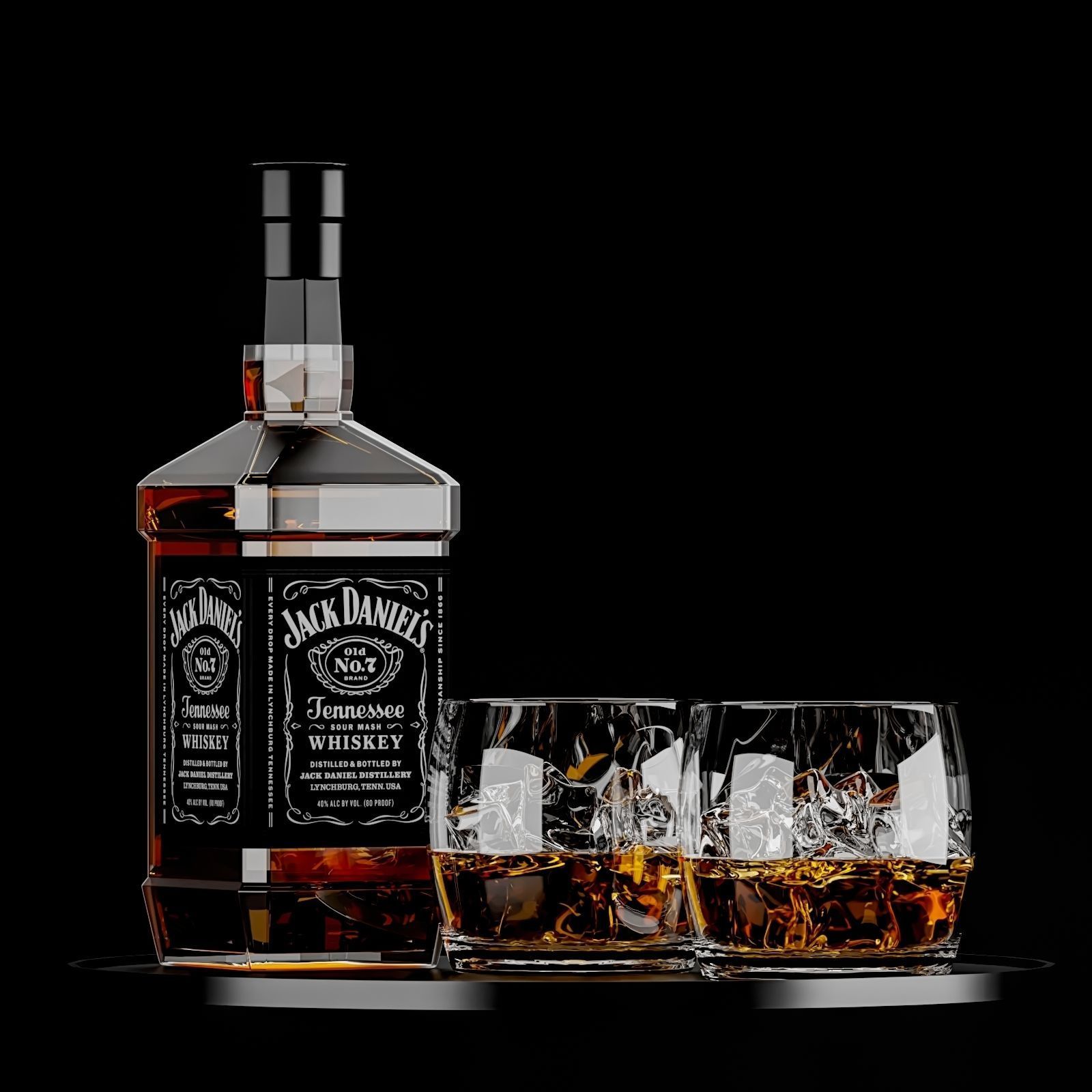 Whiskey Set bottle of and two glasses on tray 3D model_2