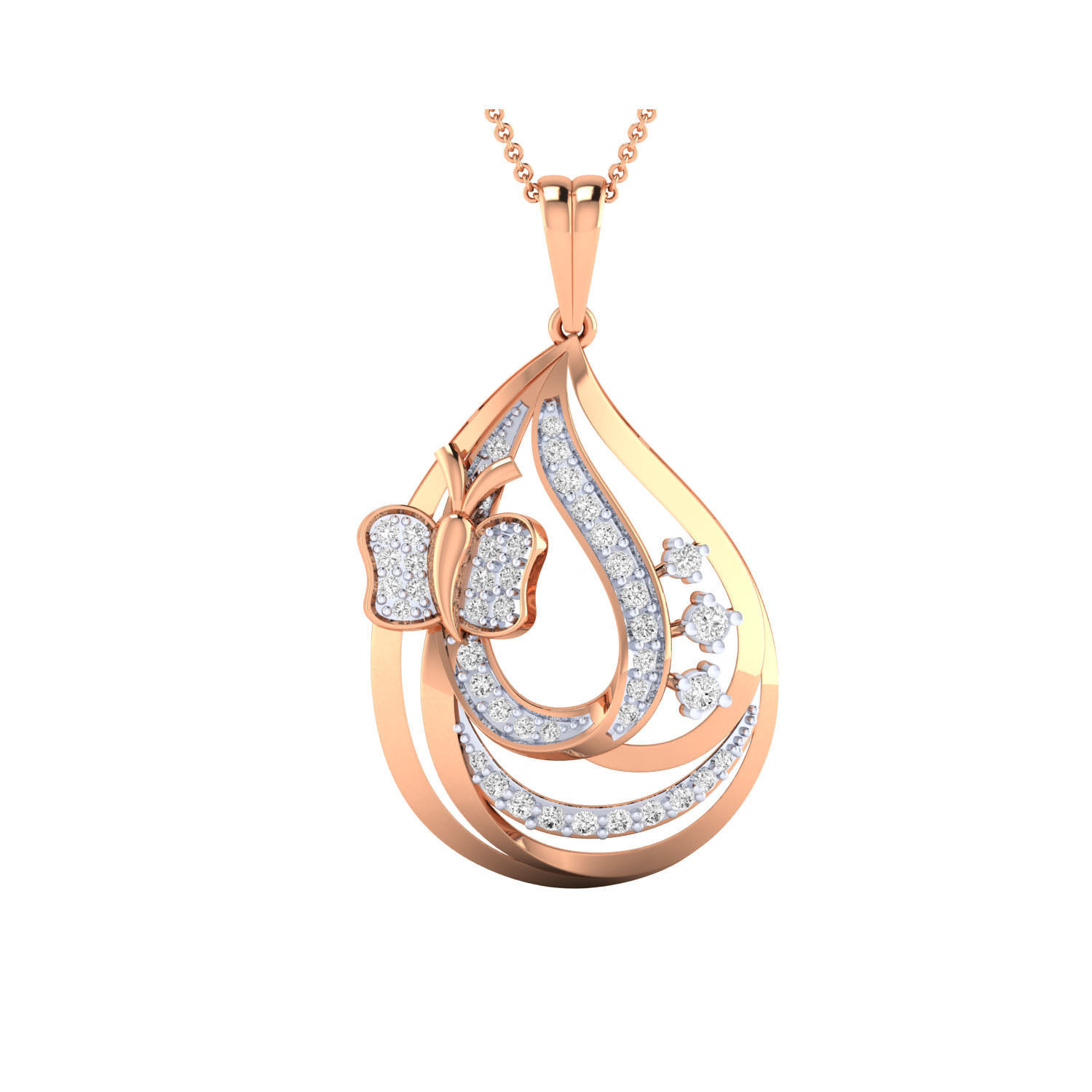 Pendant-1270 rose gold pendant with diamonds and butterfly 3D print model_2
