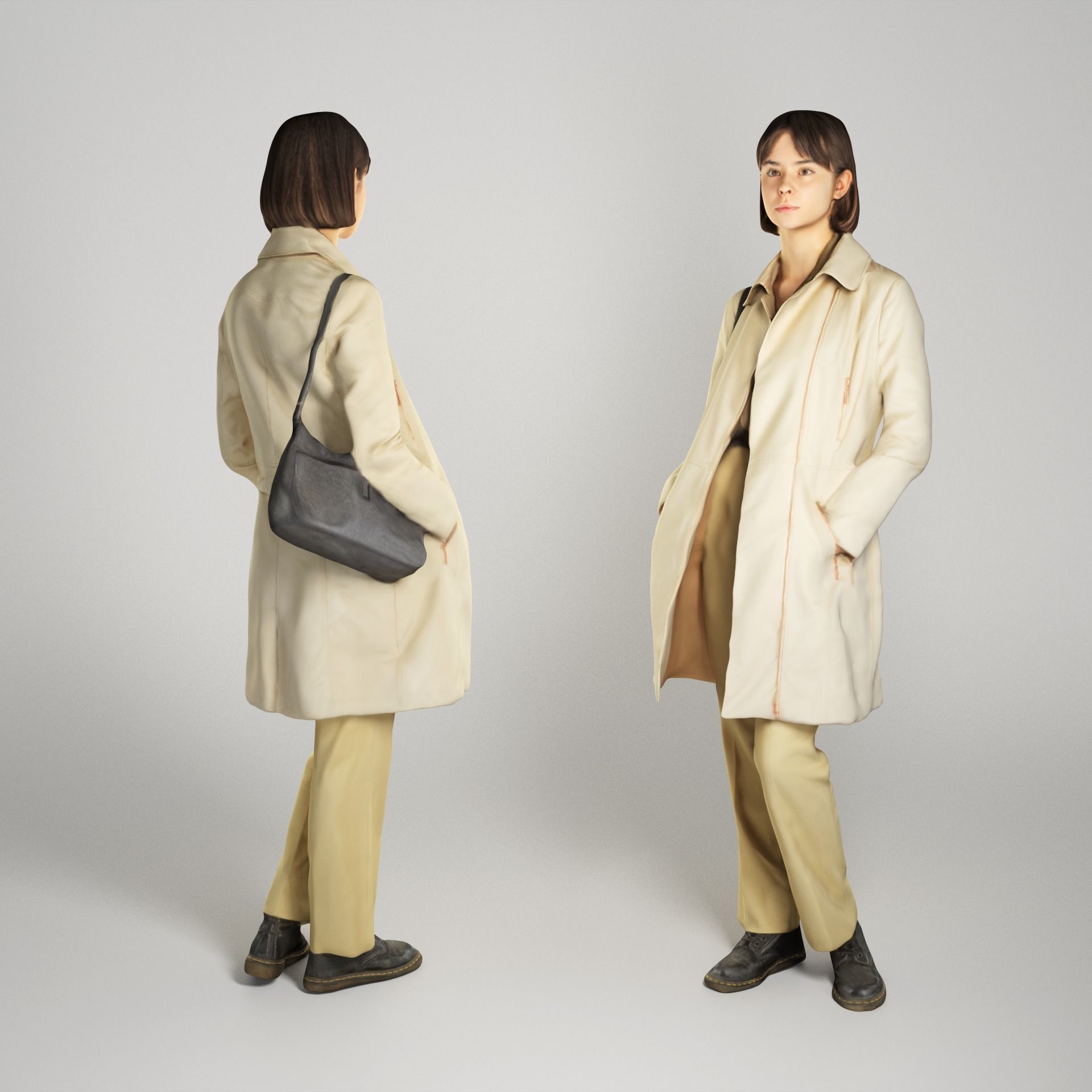 Young beautiful lady in trench coat with little black bag 232 Low-poly 3D model_1