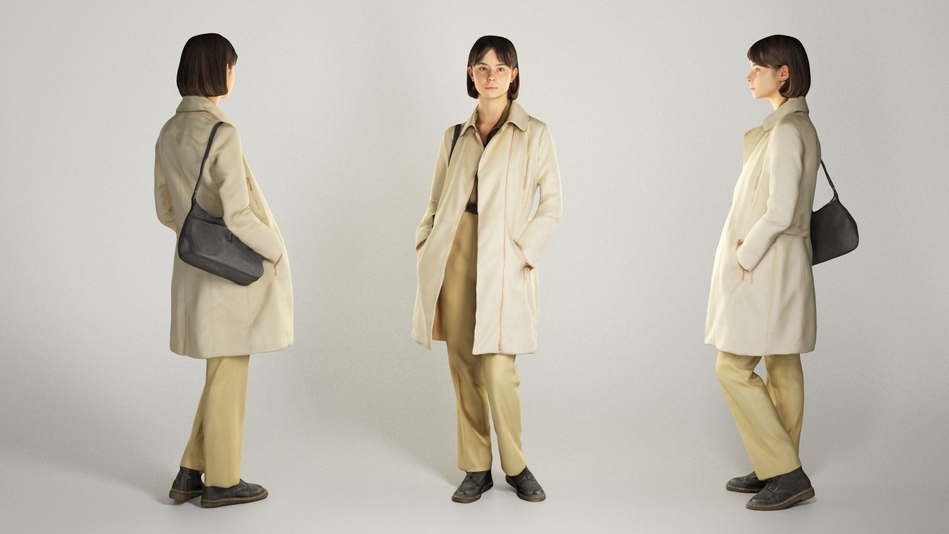 Young beautiful lady in trench coat with little black bag 232 Low-poly 3D model_2