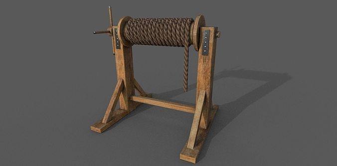 Winch low-poly 3d model wooden reel Low-poly 3D model