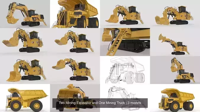 Two Mining Excavator and One Mining Truck 3D Model Collection