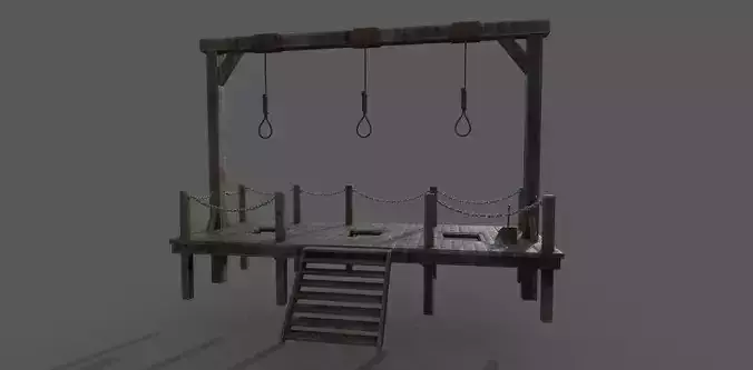 Gallows 3D model wooden platform with ropes hanging from it