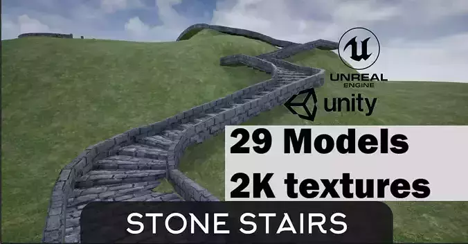 Modular Stone Stairs and Road Pack Low-poly 3D model