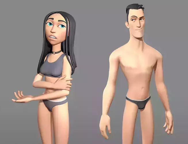 Male and female cartoon characters base mesh Low-poly 3D model