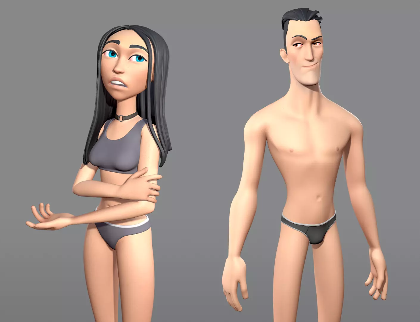 Male and female cartoon characters base mesh Low-poly 3D model_0