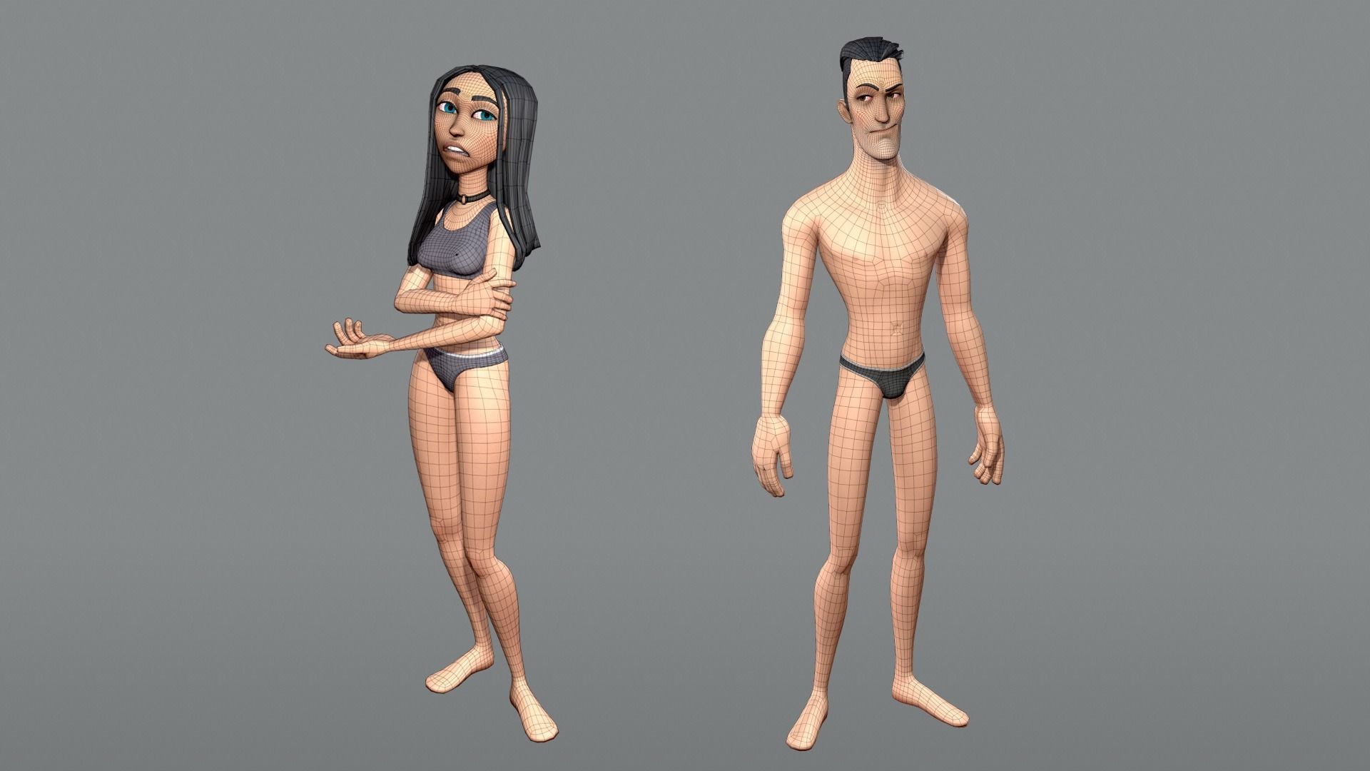 Male and female cartoon characters base mesh Low-poly 3D model_4