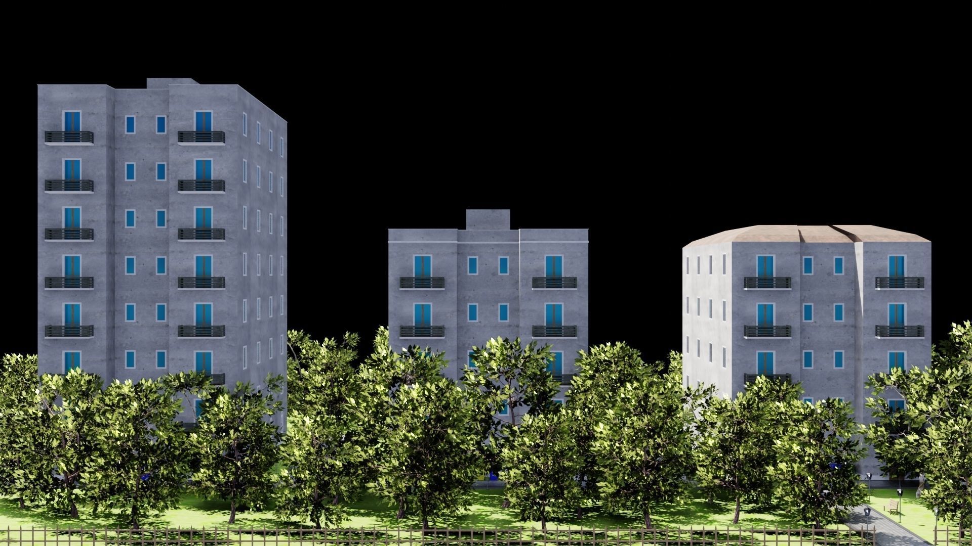 Neighborhood 3D model apartment building with trees surroundi... Low-poly 3D model_2