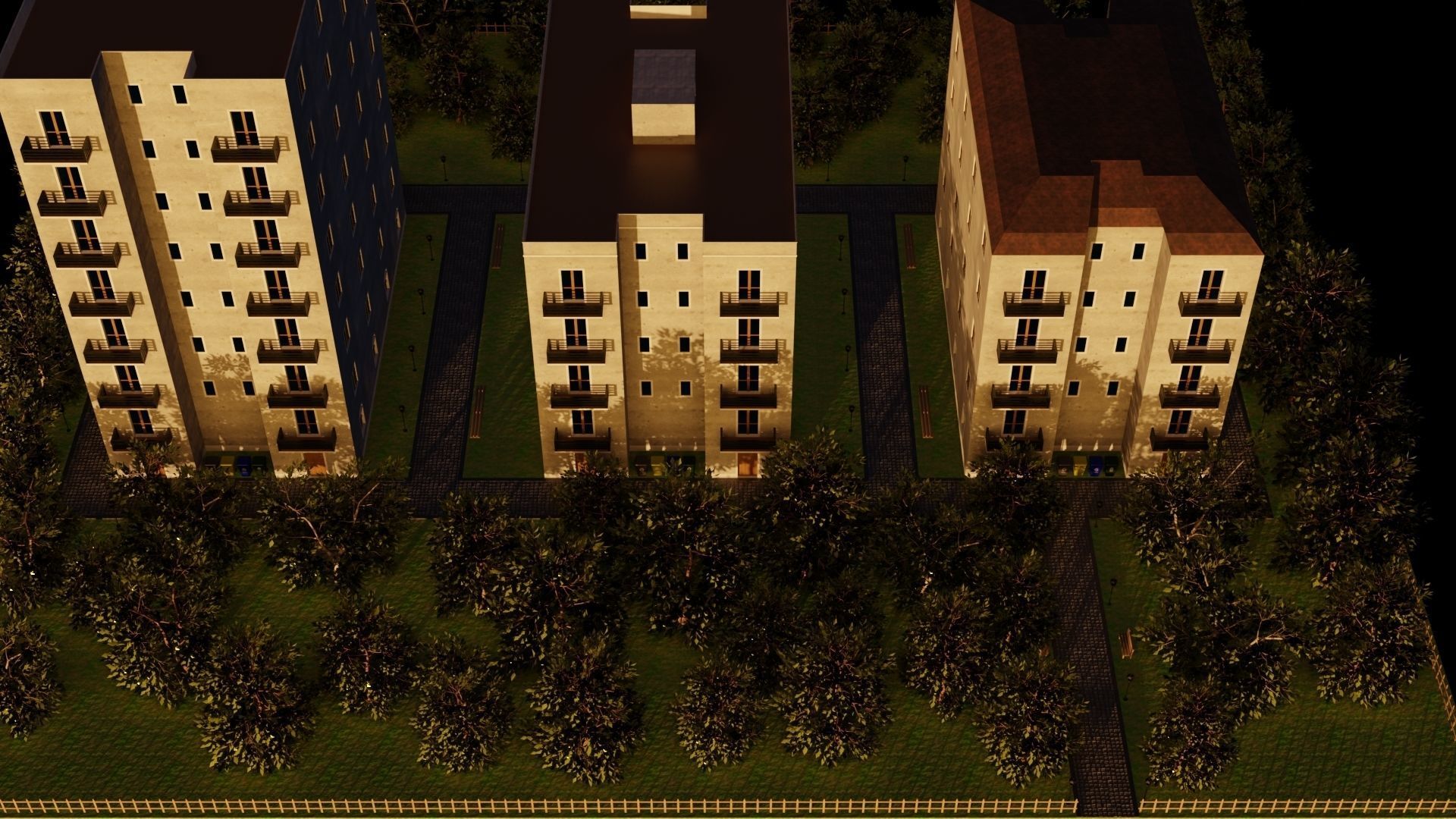 Neighborhood 3D model apartment building with trees surroundi... Low-poly 3D model_16
