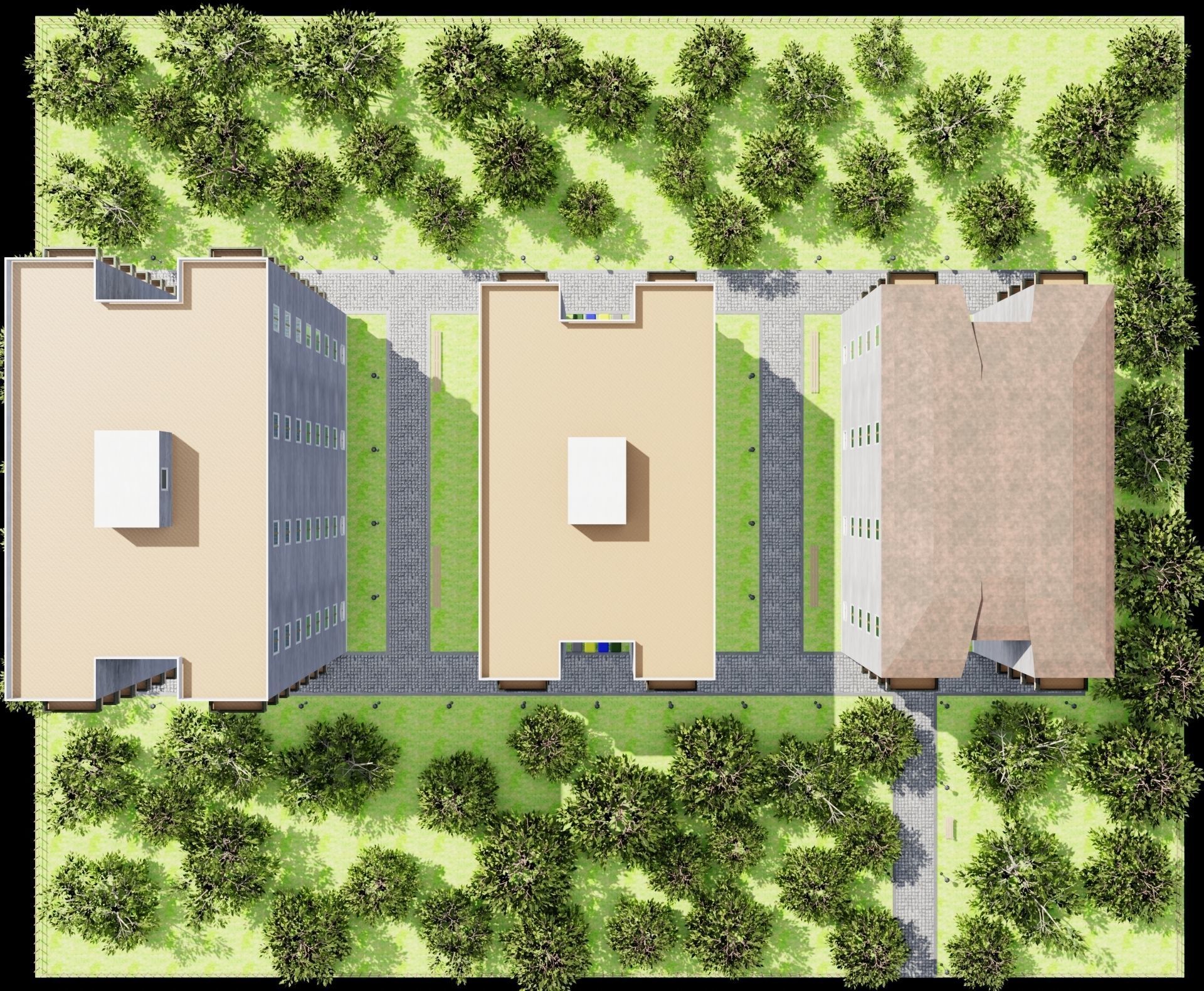 Neighborhood 3D model apartment building with trees surroundi... Low-poly 3D model_9