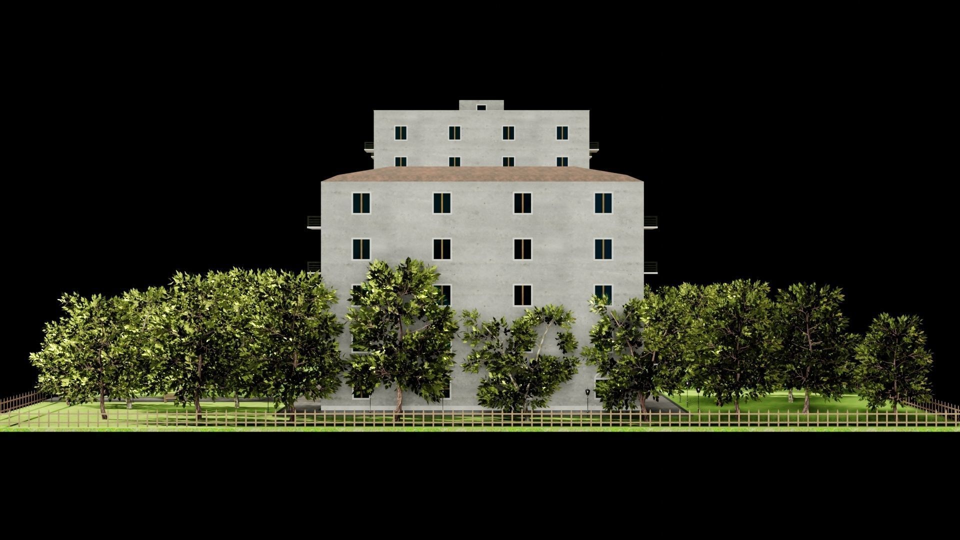 Neighborhood 3D model apartment building with trees surroundi... Low-poly 3D model_8