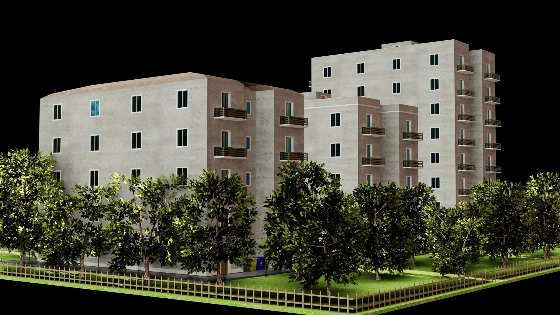 Neighborhood 3D model apartment building with trees surroundi... Low-poly 3D model_7
