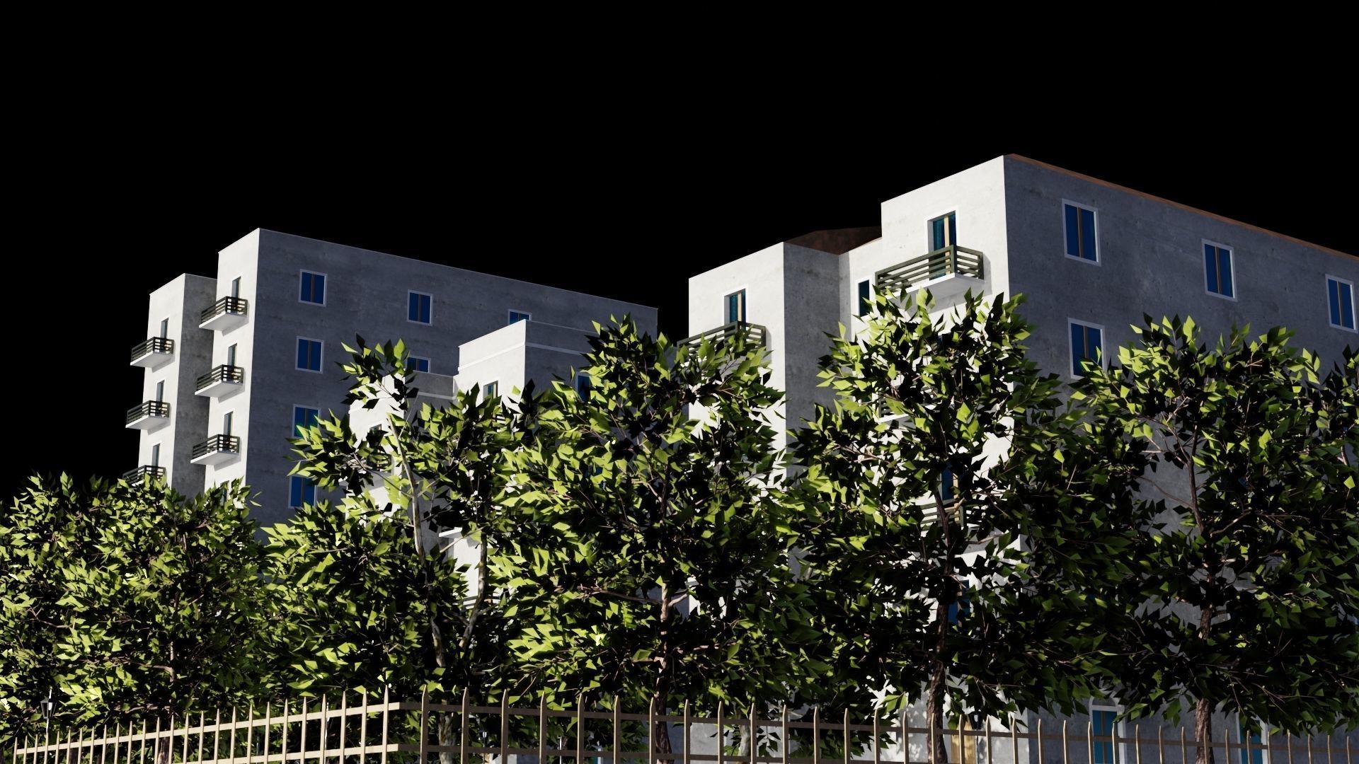 Neighborhood 3D model apartment building with trees surroundi... Low-poly 3D model_4
