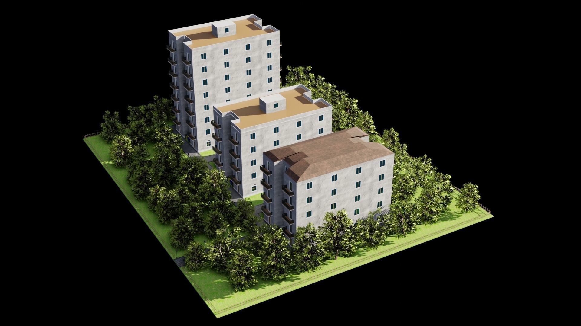 Neighborhood 3D model apartment building with trees surroundi... Low-poly 3D model_13