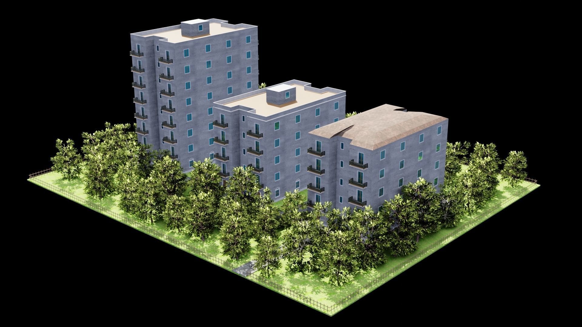 Neighborhood 3D model apartment building with trees surroundi... Low-poly 3D model_10