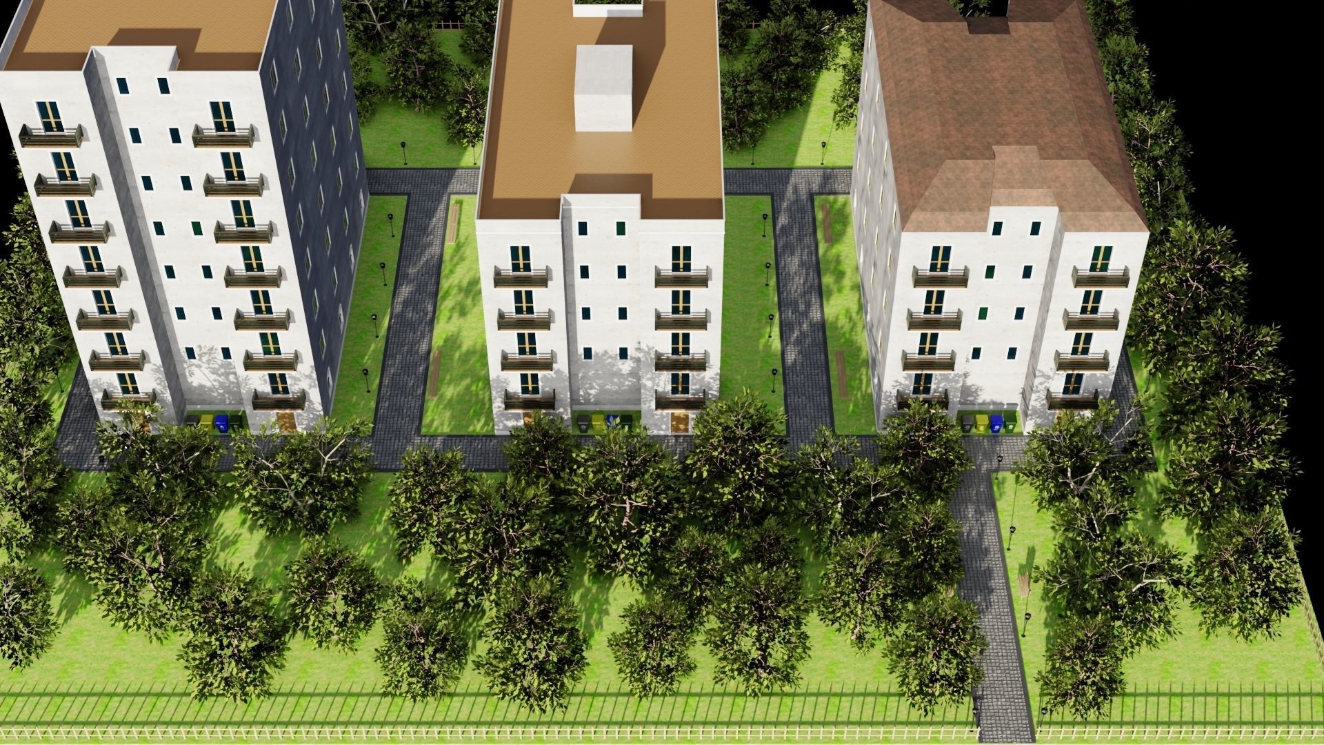 Neighborhood 3D model apartment building with trees surroundi... Low-poly 3D model_3